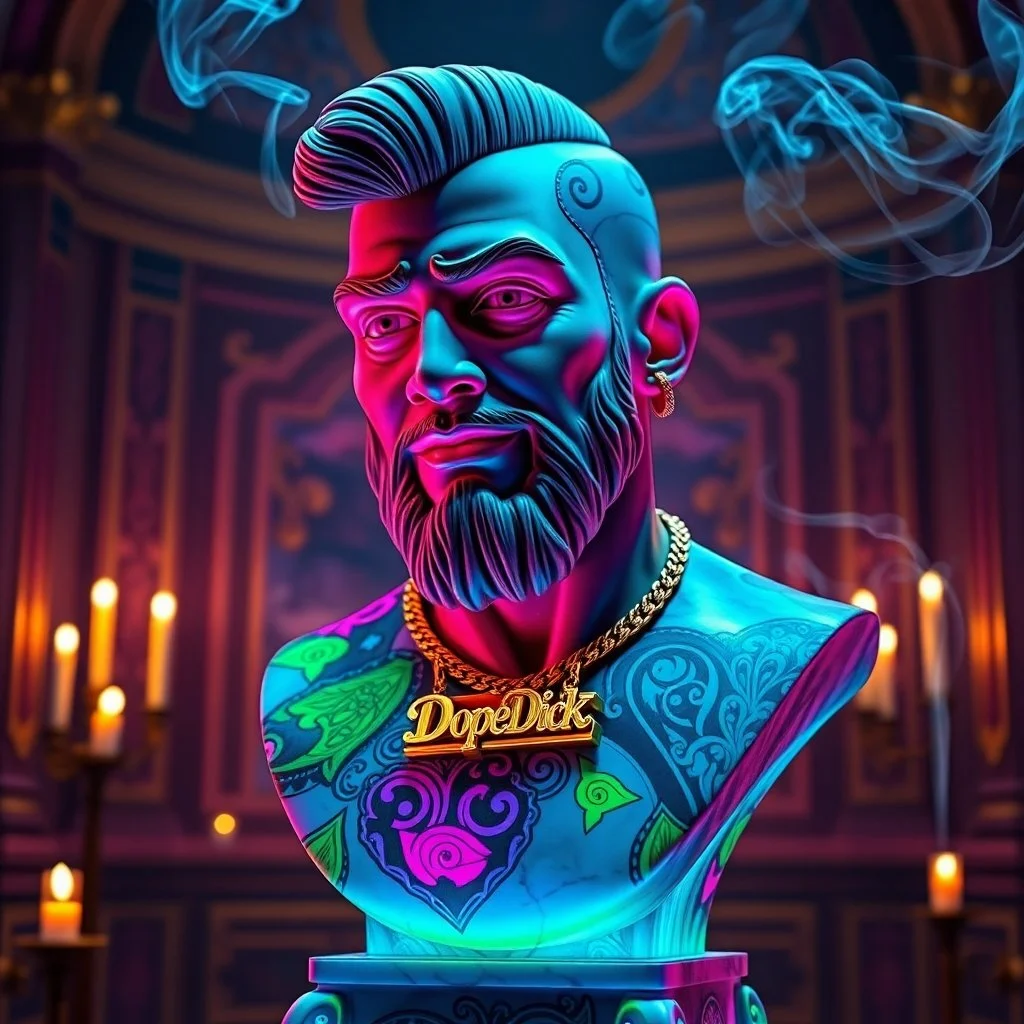 A neon-lit, stylized bust of a bearded man with tattoos, earrings, and a gold chain with a "DopeDick" pendant, set against a dark ornate background with candles.