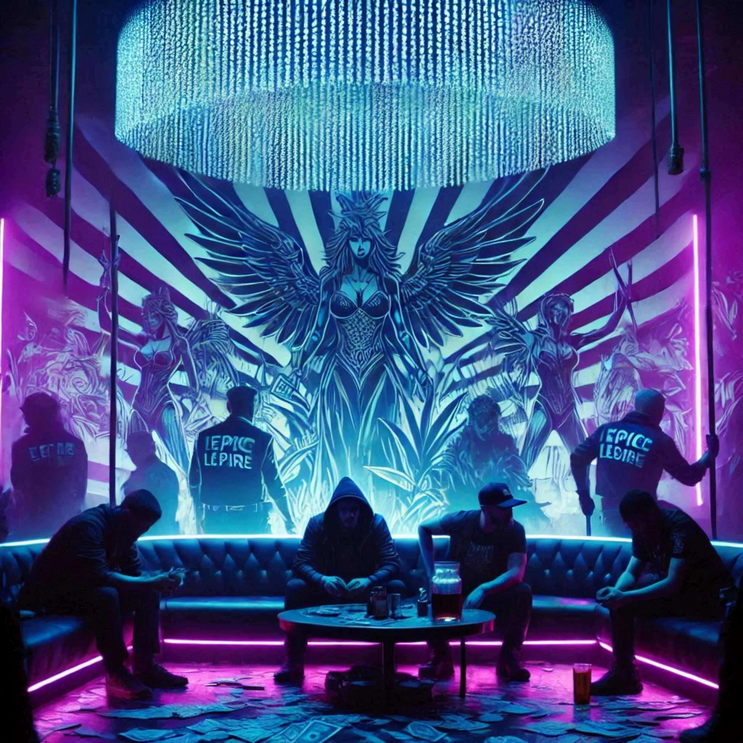 People sitting in a neon-lit room with a large mural of a winged woman and guards in the background, illuminated by purple and blue lights.