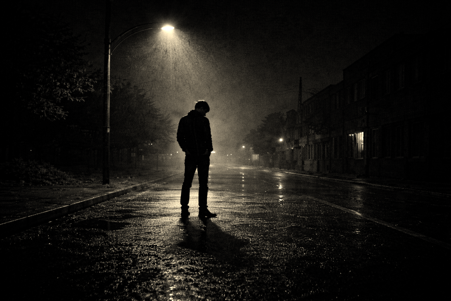 A silhouette of a person standing on a rain-soaked empty street at night, illuminated by a streetlight, with buildings on the right side and trees on the left.