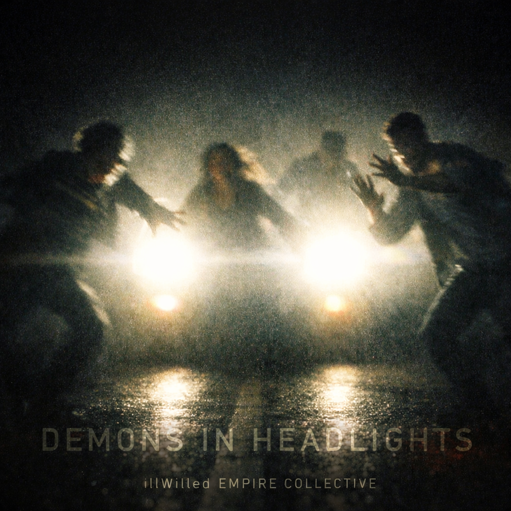Four silhouetted figures standing behind a car with headlights on, illuminating mist or rain.