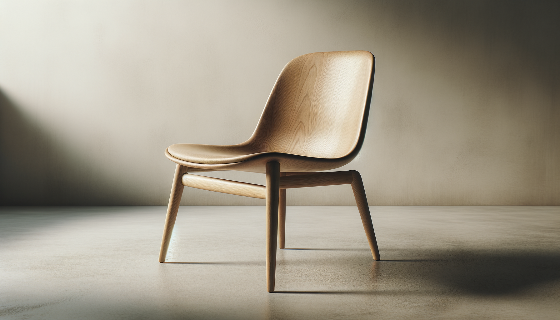 A single wooden chair with a curved backrest and seat, standing on four slightly angled legs in an empty room with neutral walls and soft lighting.