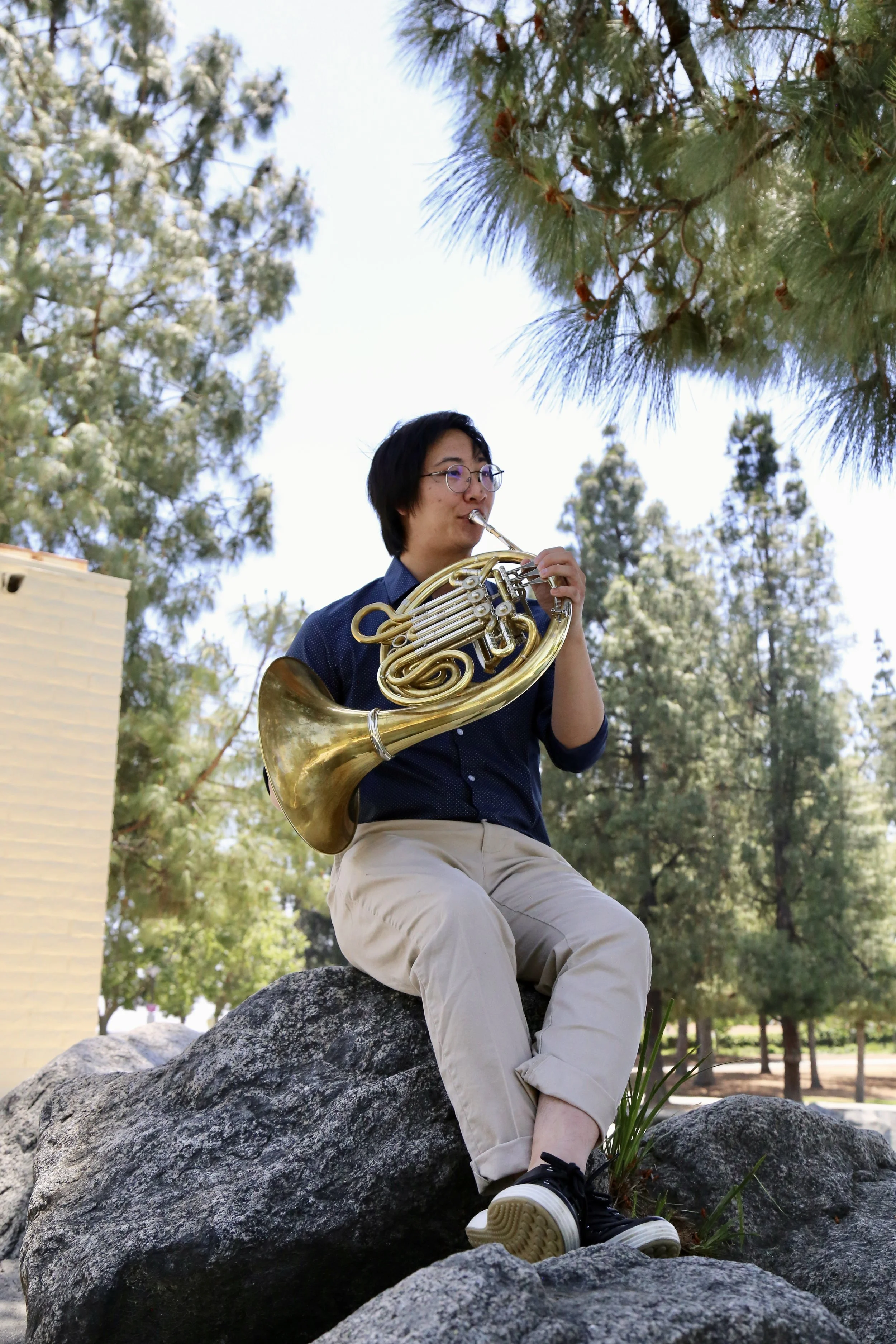 A person sitting on a large rock outdoors, playing a French horn, with trees in the background and sunlight filtering through the branches.