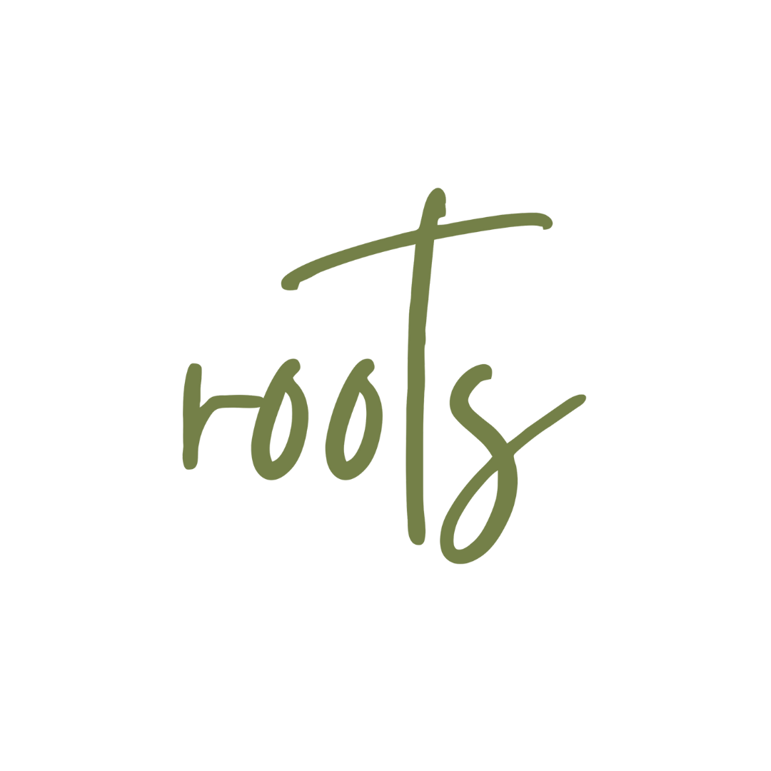 Stylized text that reads 'Roots' in green, handwritten font on a black background.