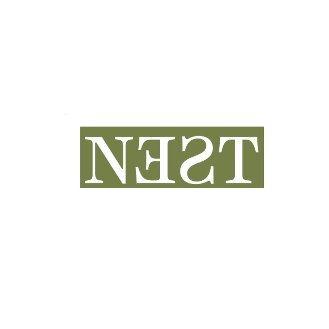 Close-up of a sign with the word 'NEST' written upside down in white text on a green background, with an orange line above it.