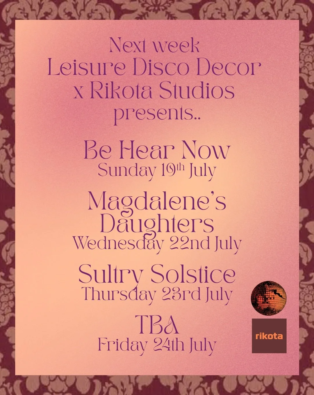 Join us from Sunday for a series of soft &amp; intimate experiences courtesy LLD X Rikota studios &amp; friends. 

Start your week off feeling nourished &amp; balanced after @be_hear_now_ Sound Bath with @dj_philsmart &amp; @harryharriyogi &amp; Ambi