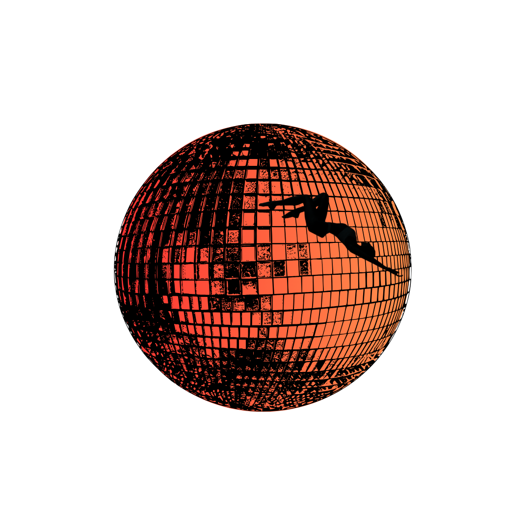 Silhouette of a diver swimming inside a mirrored globe with a black background and orange rectangle on the right side. This is Leisure Disco Decor's Logo