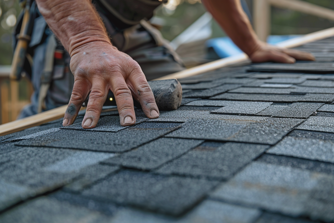 Close-up of a person installing asphalt shingles on a roof, with one hand pressing down on the shingles.