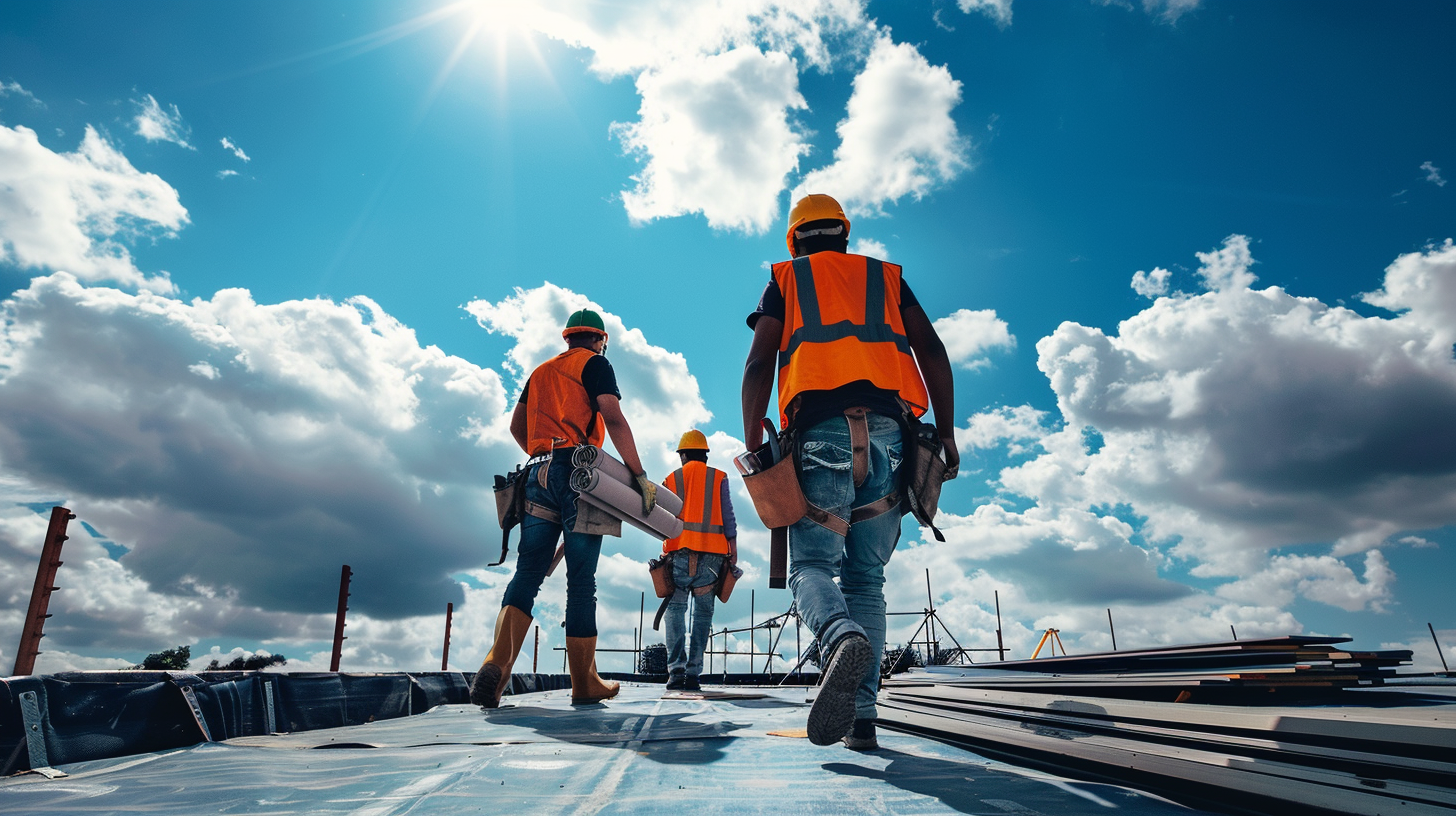 Construction workers wearing safety vests and helmets walking on a construction site under a partly cloudy sky.