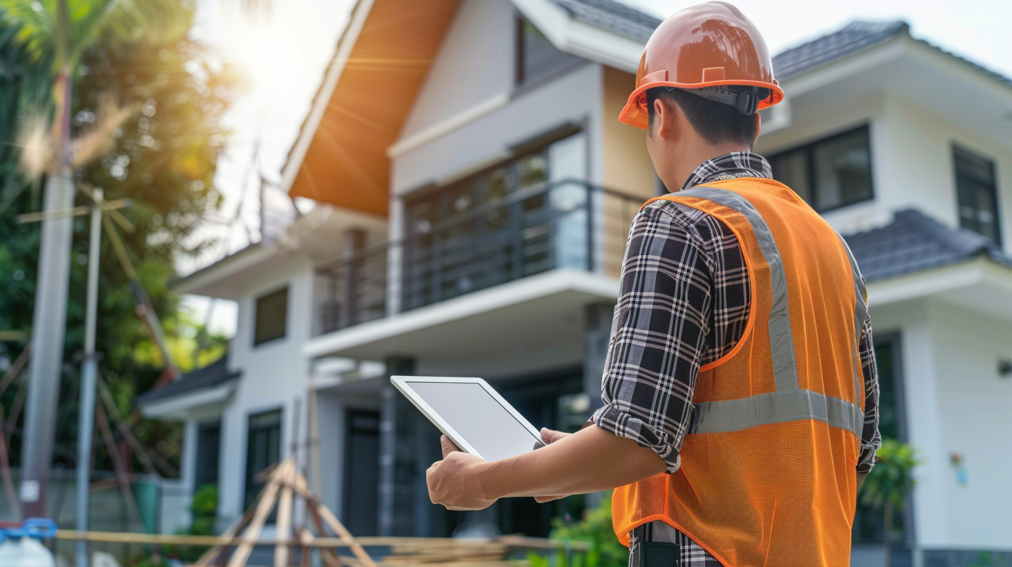 Construction worker in orange safety vest and helmet using a tablet in front of a modern house.