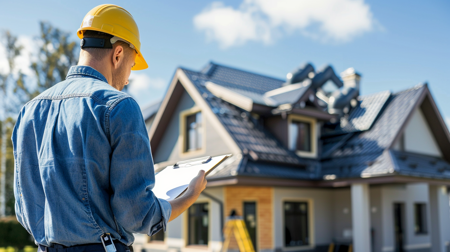 A project manager reviewing the roof replacement is begin completed correctly and efficiently.