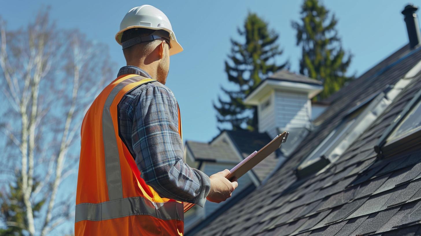 A construction worker in a white hard hat and orange safety vest inspecting a roof with a clipboard, with trees and a house in the background under a clear blue sky.