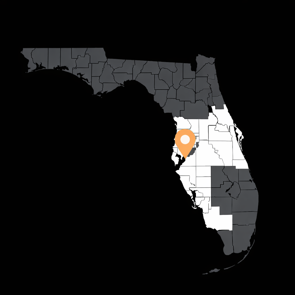 Map of Florida counties with a marker indicating locations served in the southeastern part of the state.