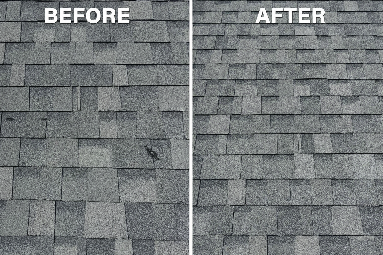 Comparison of roofing shingles before and after cleaning; the left side shows shingles with dirt and stains and wear, the right side shows cleaned and newly repaired shingles, both labeled 'Before' and 'After'.