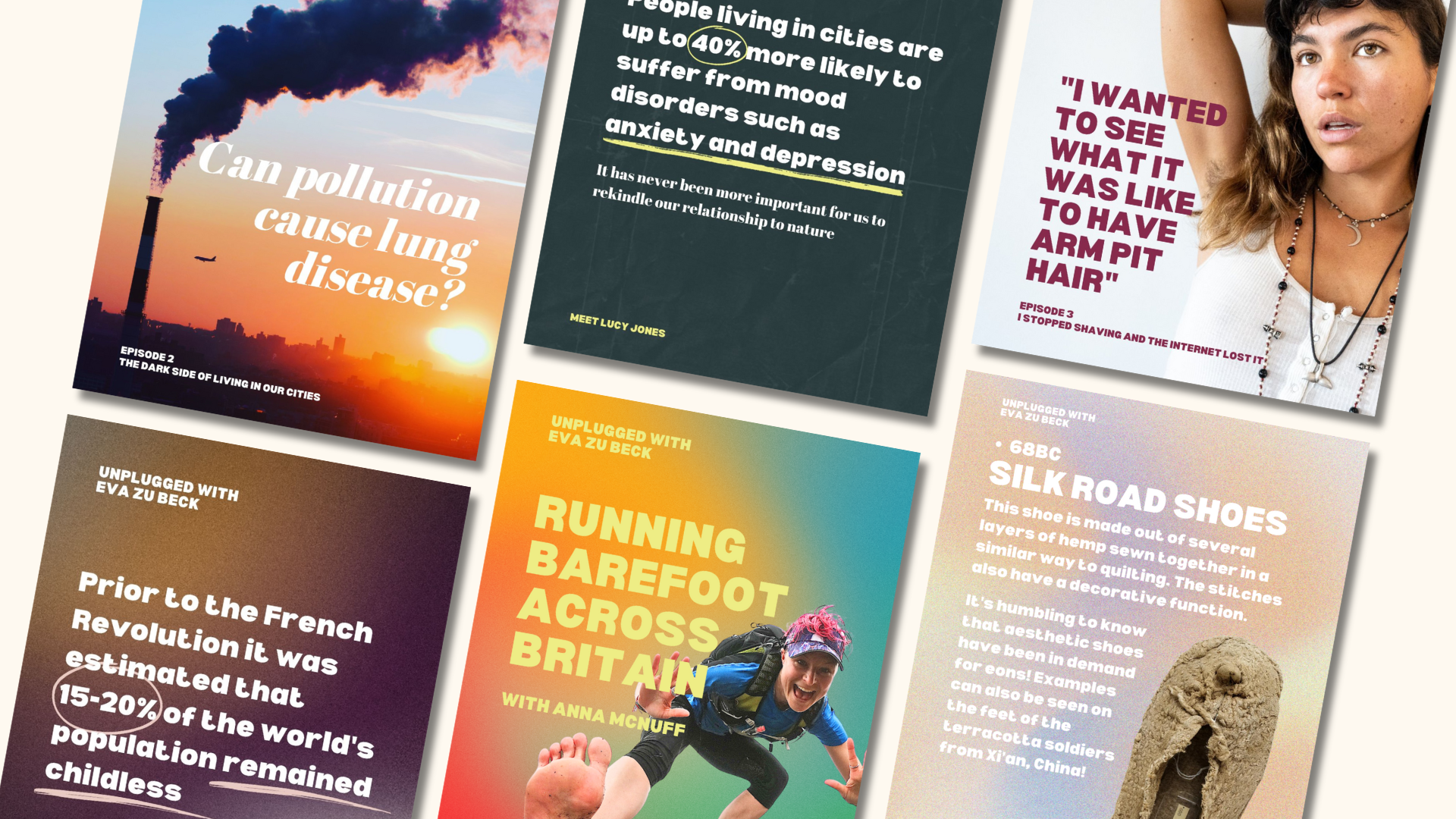 Collection of colorful magazine or newsletter covers with various articles about pollution, mental health, personal stories, shoes, and history.