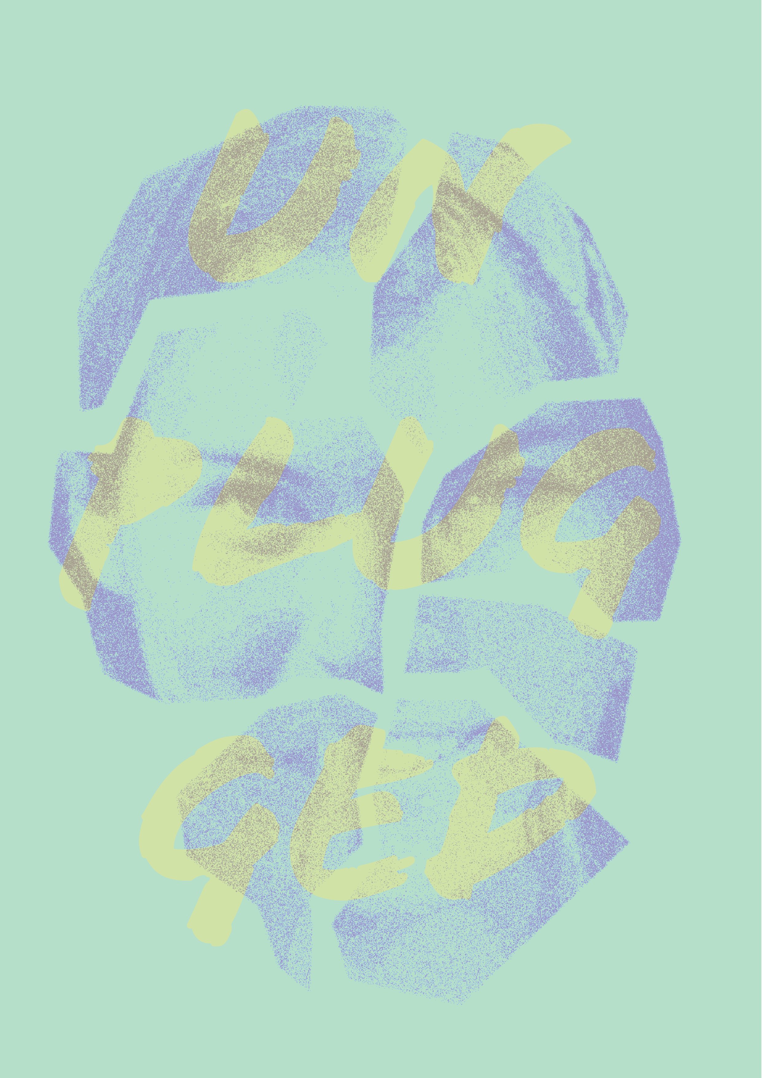 Abstract digital art with the phrase "you are loved" handwritten in yellow over a background of blue and light green shapes.