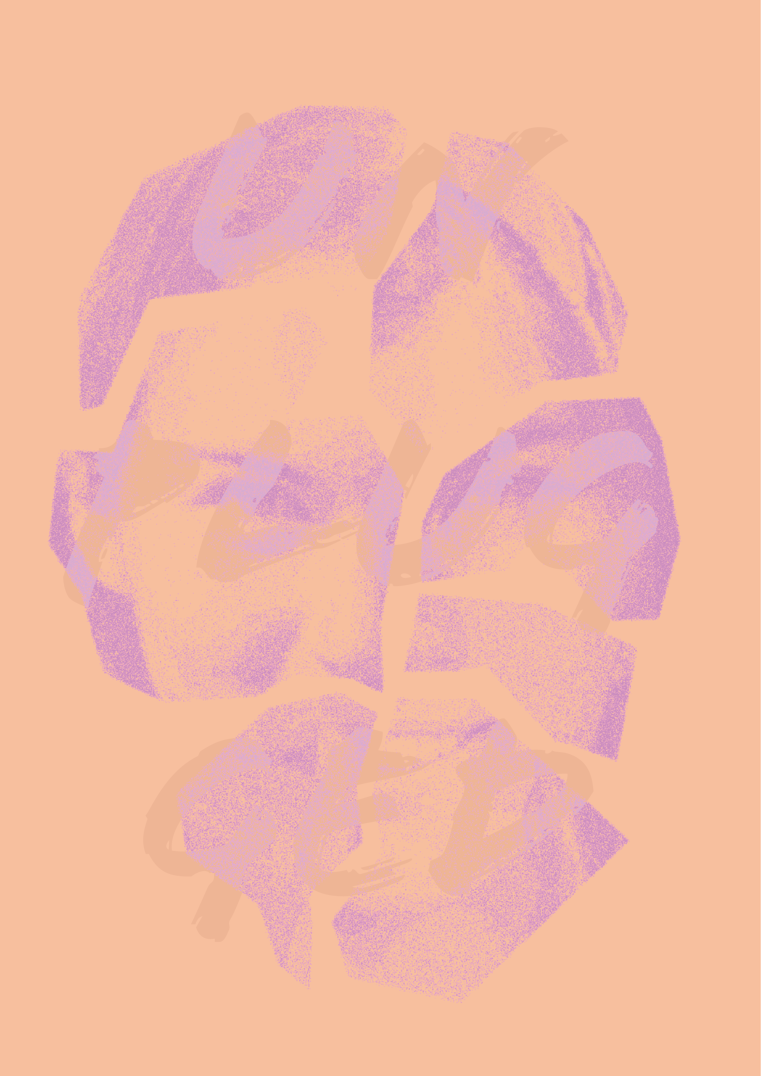 Abstract digital artwork with purple shapes on a peach background.
