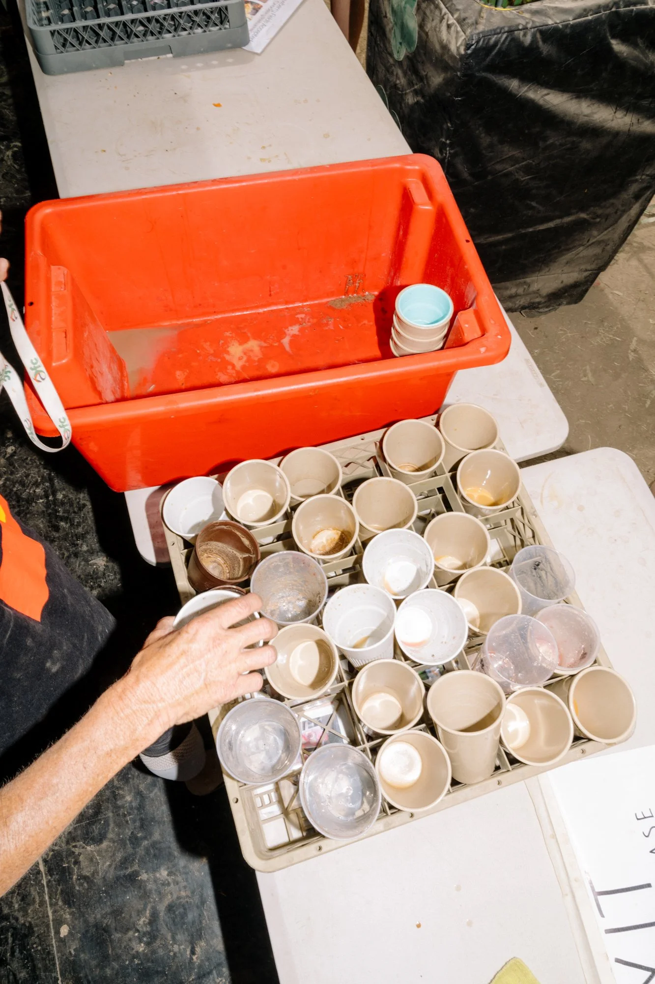 A person's hand reaching into a collection of used beige, white, and clear drinking cups, some with coffee stains, on a plastic tray. An empty orange plastic bin is nearby, with a stack of small light blue cups inside. The setup appears to be at a food or drink station.