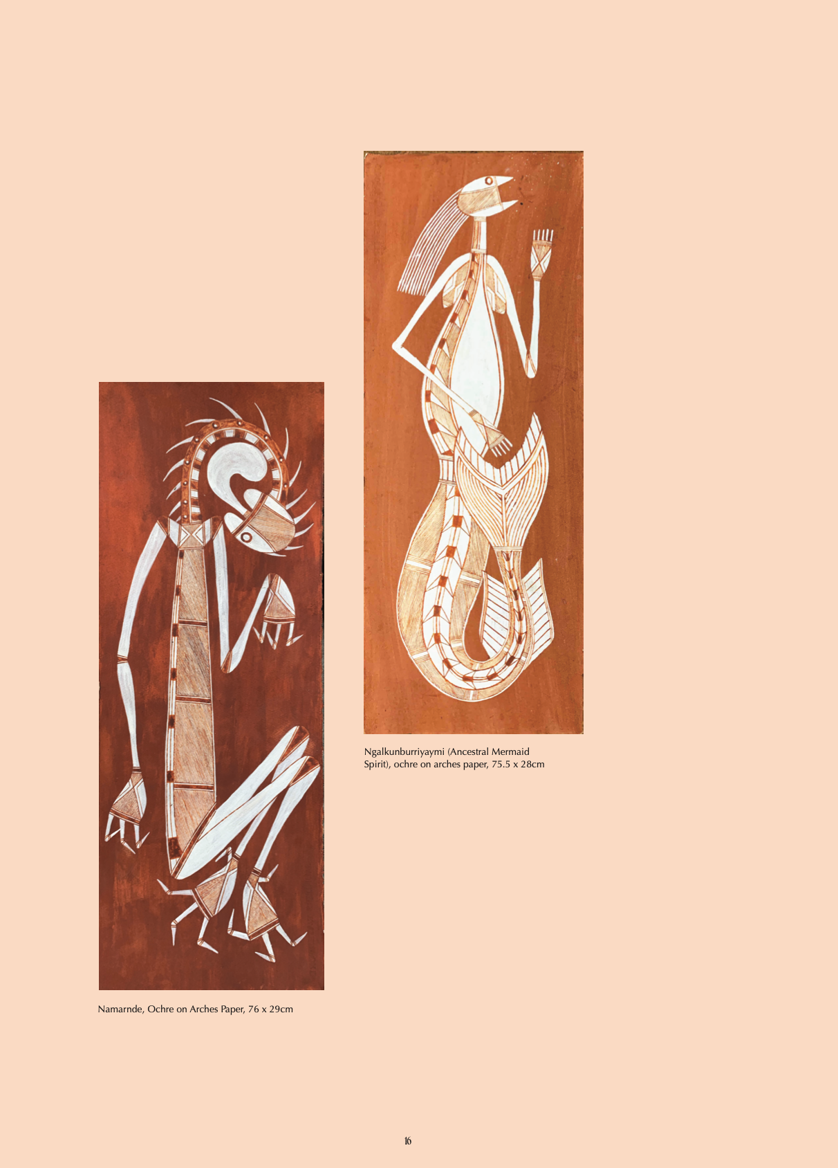 Two traditional Indigenous-style artworks on arches paper depicting mythical sea creatures, a mermaid and an eel, in a geometric style with earth tones.