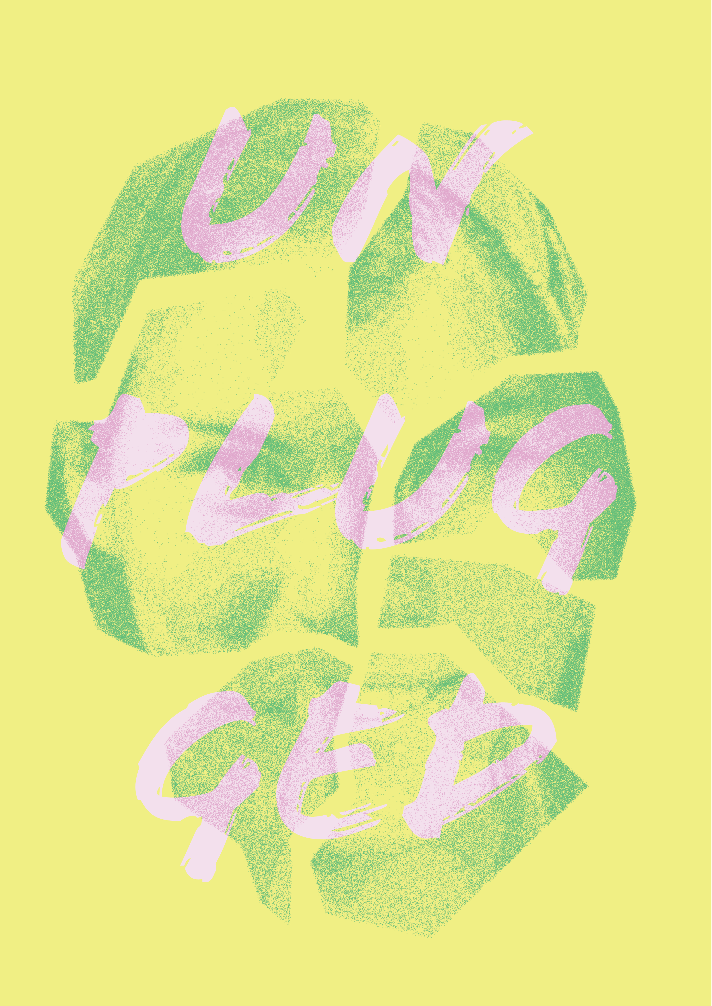 Colorful abstract graphic with the phrase 'un plat so gay' written in pink over green and yellow textured shapes.