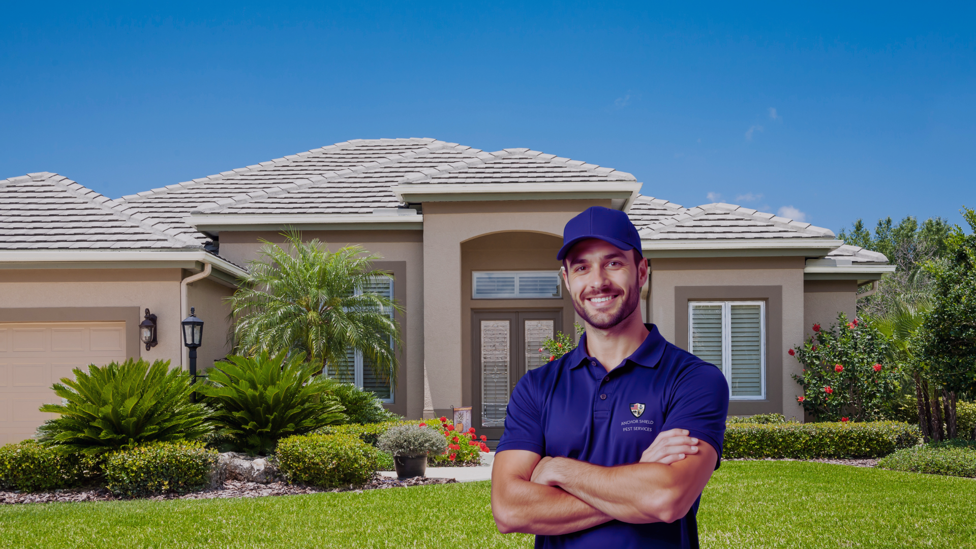 A smiling pest control technician standing with crossed arms in front of a beige suburban house with a well-maintained lawn and landscaping.