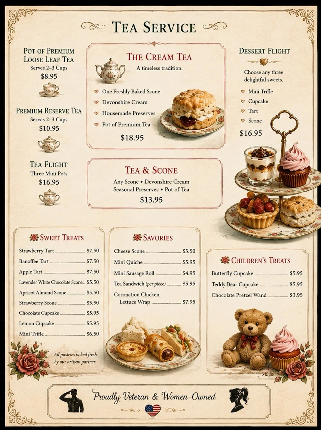 Menu offering various tea and dessert items including scones, tarts, flavored tea, and children's treats, with images of desserts and a decorative tiered tray display.
