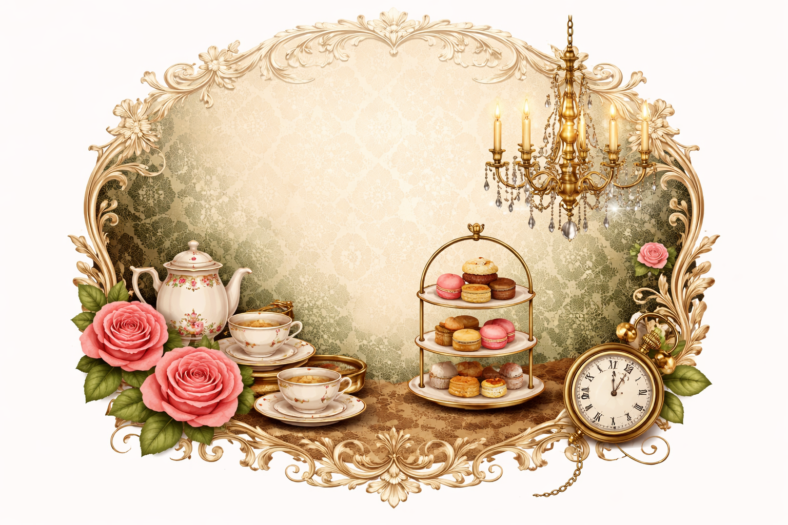 Elegant vintage tea setting with a porcelain teapot, two cups of tea, pink roses, a three-tiered tray of assorted macarons, a gold pocket watch, and a crystal chandelier, all framed by ornate gold floral decorations.