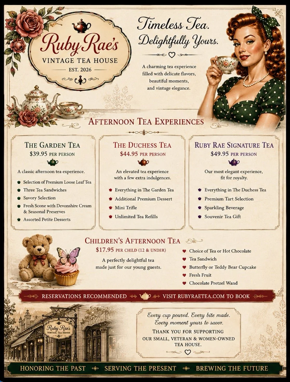 A vintage-style tea house menu promoting Ruby Rae's Vintage Tea House with various afternoon tea experiences, prices, and descriptions, featuring illustrations of teapots, tea cups, a teddy bear with a cupcake, and decorative floral elements.