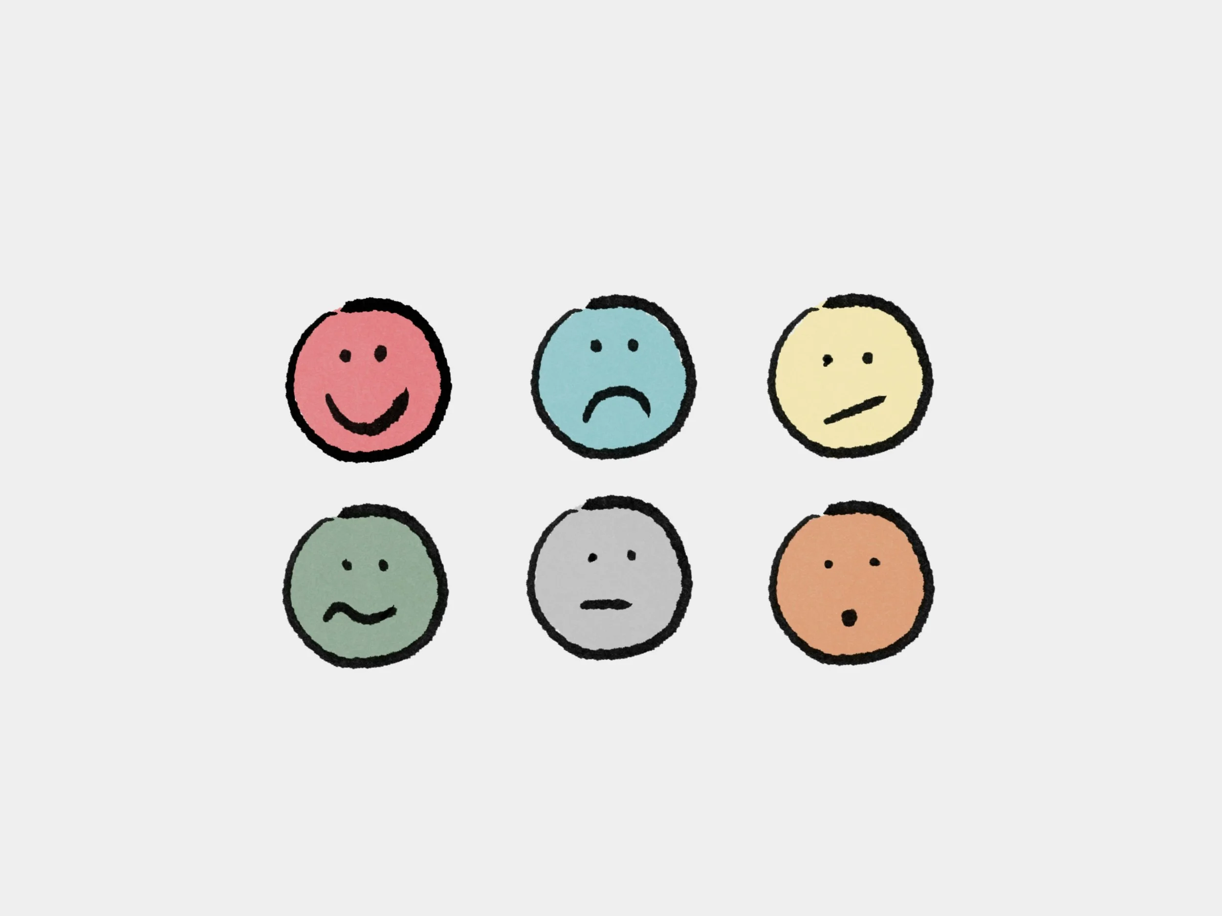 Six simple hand-drawn circular faces in different colors showing a range of emotions: happy, sad, neutral, unsure, flat, and surprised.