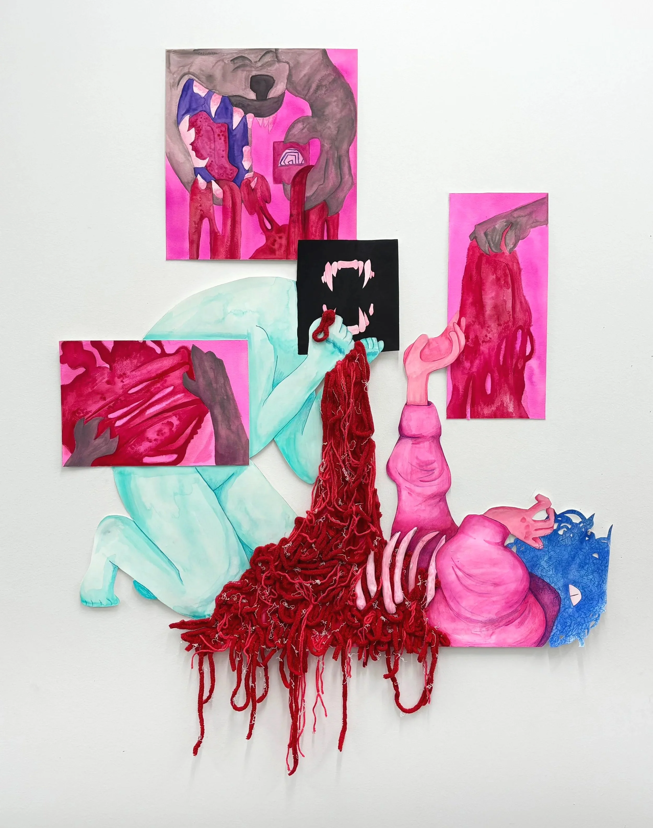 Greed, 2025, 51" x 39.5"

Watercolor, colored pencil, yarn, clay