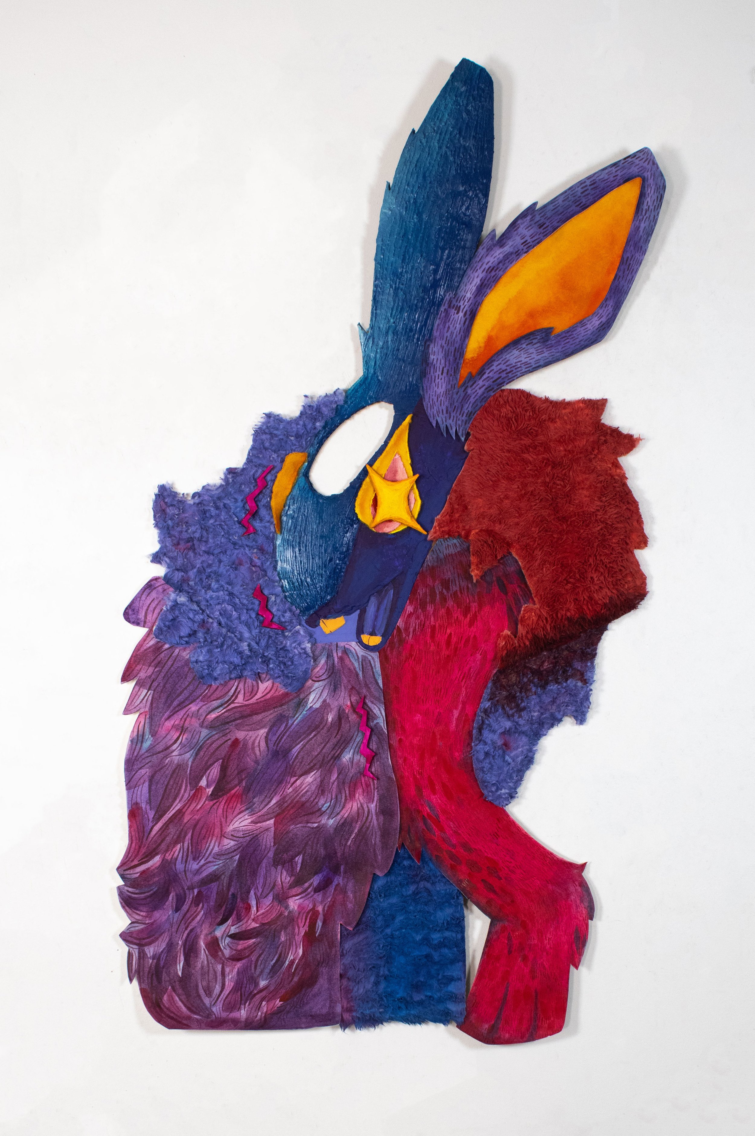 Anxiety, 2025, 48" x 36"

Watercolor, ink, plaster, spray paint, felt, fur, acrylic paint