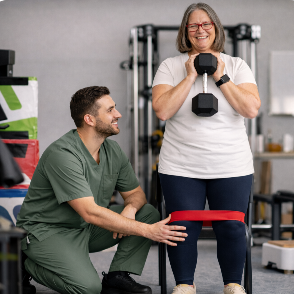 A woman is holding a dumbbell and smiling, while a man kneels next to her, touching her leg with a resistance band around her thighs in a gym setting.
