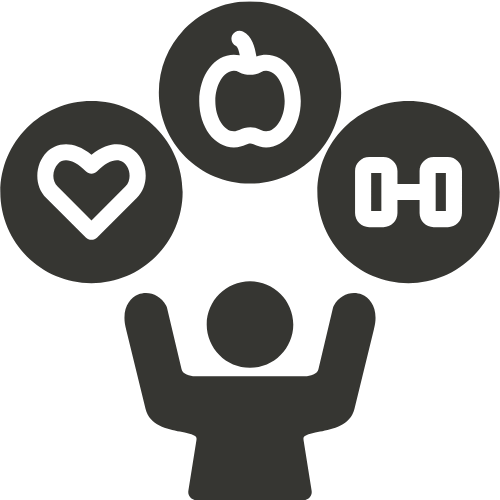 person raising hands up to a heart, an apple, and a dumbell representing whole person wellness