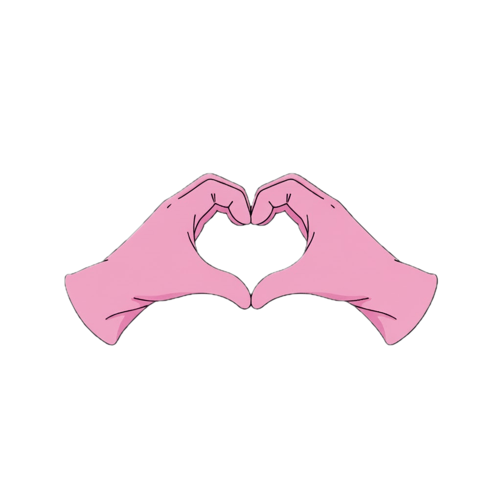 Pink illustrated hands forming a heart shape with fingers, with text emphasizing love and care.
