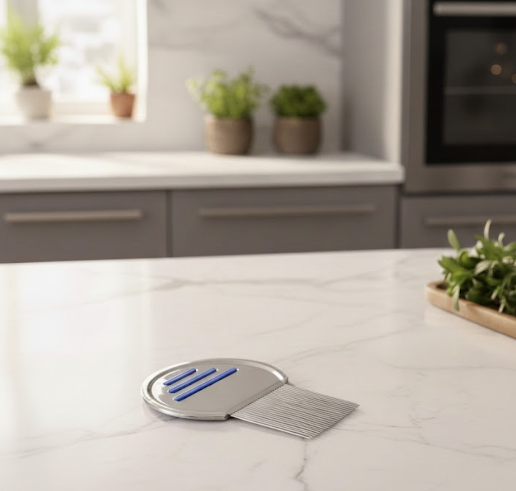 A kitchen with gray cabinets, a marble countertop, and potted plants on the window sill. There is a hair clip on the counter in the foreground and a wooden tray with green plants.