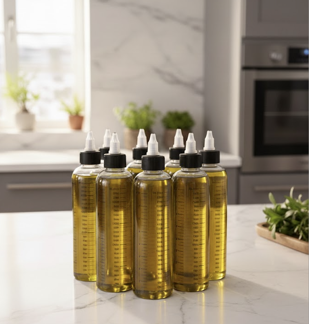 Nine bottles of yellow liquid with white nozzle caps on a white marble kitchen countertop.