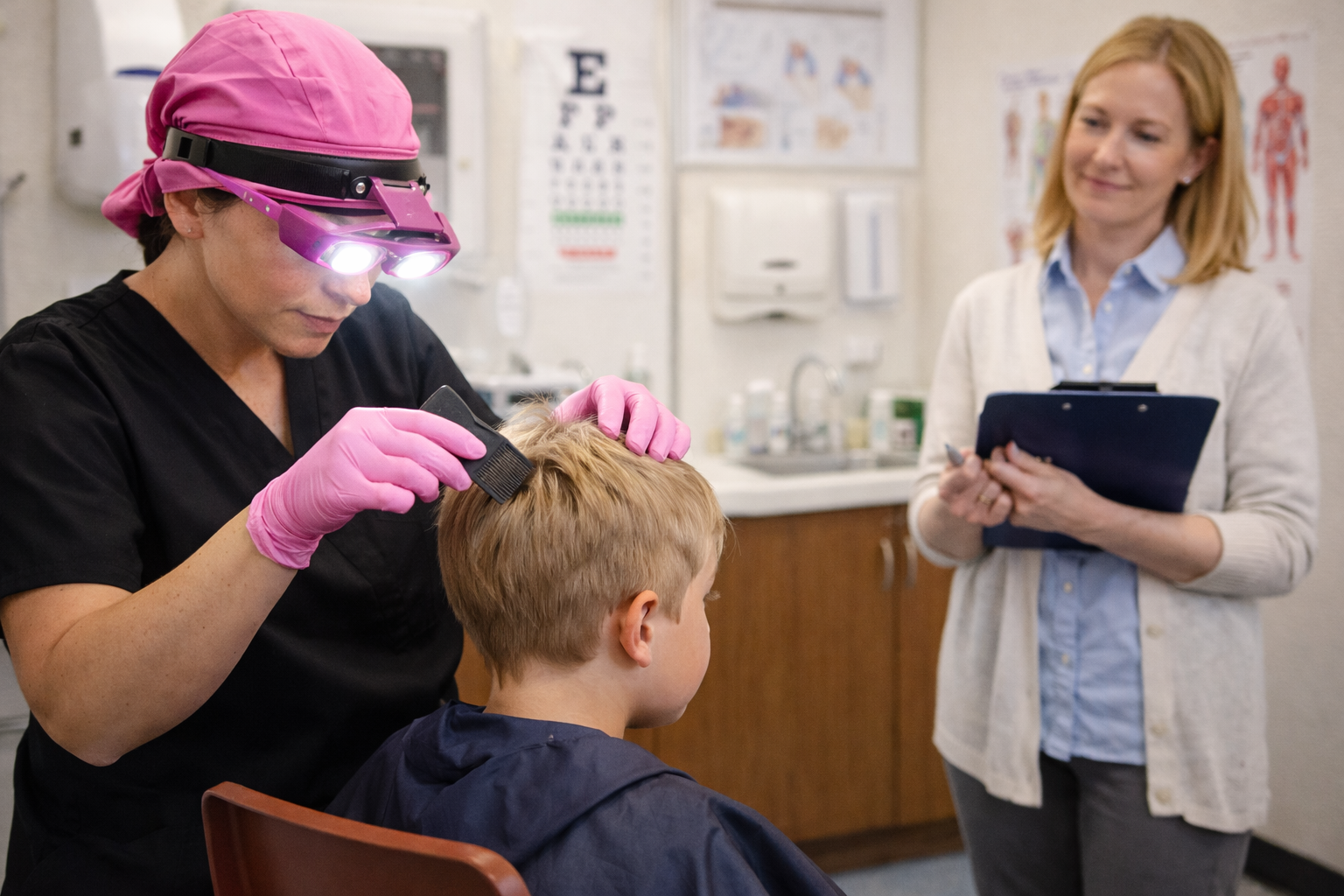 A healthcare professional with pink gloves and a pink head covering examines a young boy's scalp with a flashlight in a medical setting, while a woman in a cream cardigan observes and takes notes.