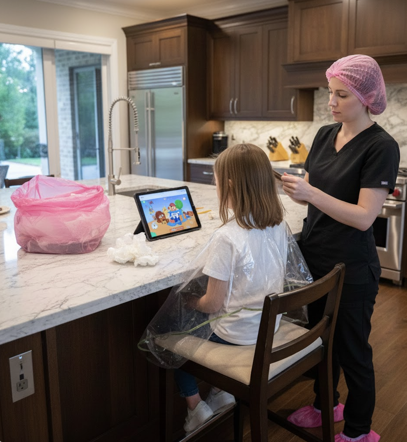 A woman and a young girl, wearing a plastic apron, sitting at a kitchen counter, watching a tablet with cartoons. The woman is standing beside the girl, holding a hair strand. The kitchen has wooden cabinets, a marble countertop, and a sliding glass door in the background.