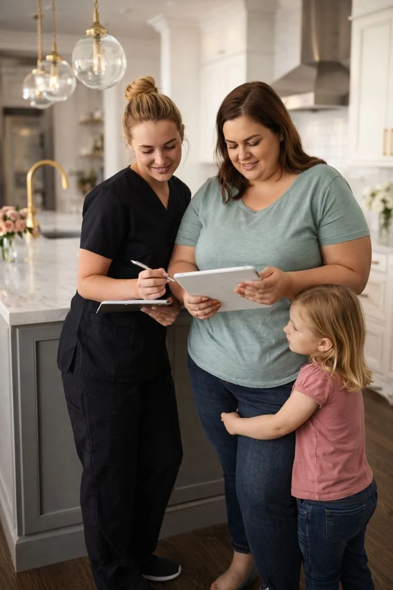 A woman in casual clothing and a young girl are looking at a tablet together in a modern kitchen. A healthcare professional in scrubs is taking notes on a clipboard, smiling. The kitchen has white cabinets, a marble countertop, pendant lights, and a faucet.