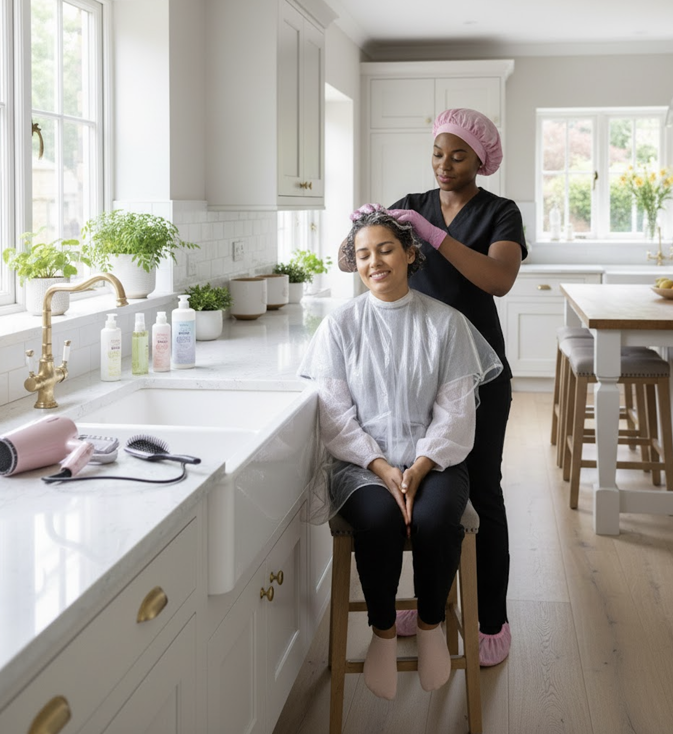 A woman receiving a hair treatment from a stylist in a bright kitchen.