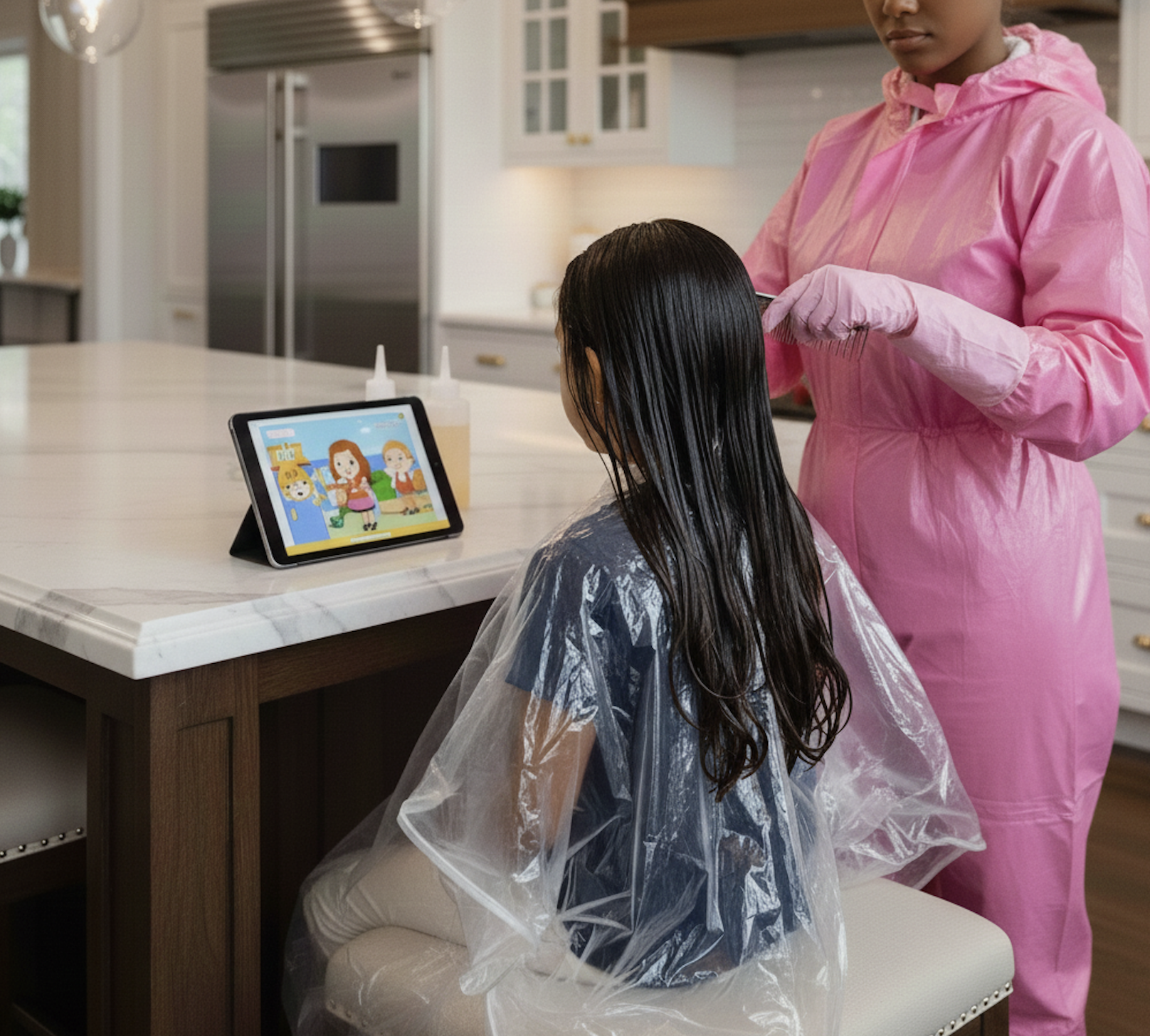 Child sitting at table with wet hair, wearing a plastic cape, watching a cartoon on a tablet. An adult in pink protective gown and gloves stands nearby in a kitchen.