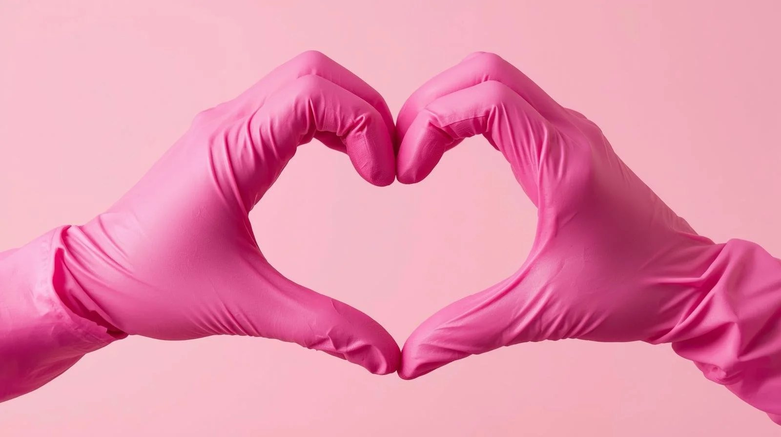 Two hands wearing pink latex gloves forming a heart shape with their fingers against a pink background.