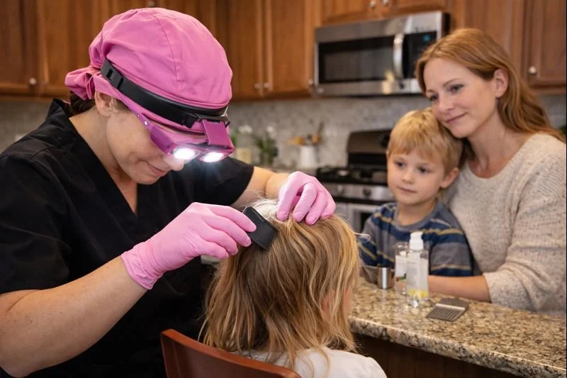 Dentist examining a young girl with a flashlight in her mouth while her mother and brother look on in a kitchen.