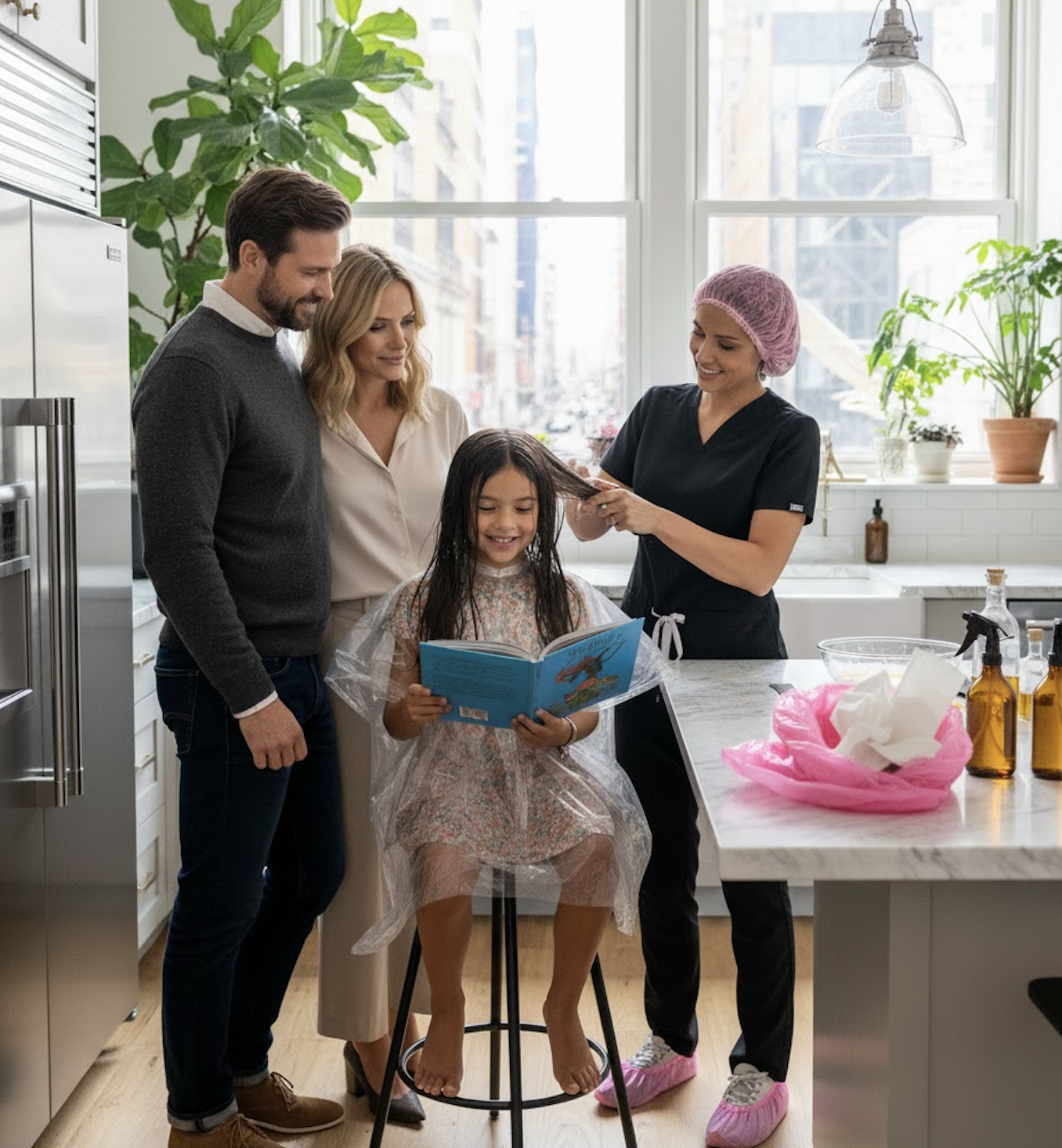 A young girl with wet hair reading a book while sitting on a stool in a kitchen, with her parents and a woman in a black uniform with a pink hairnet styling her hair. The kitchen is bright with large windows, plants, and bottles on the counter.