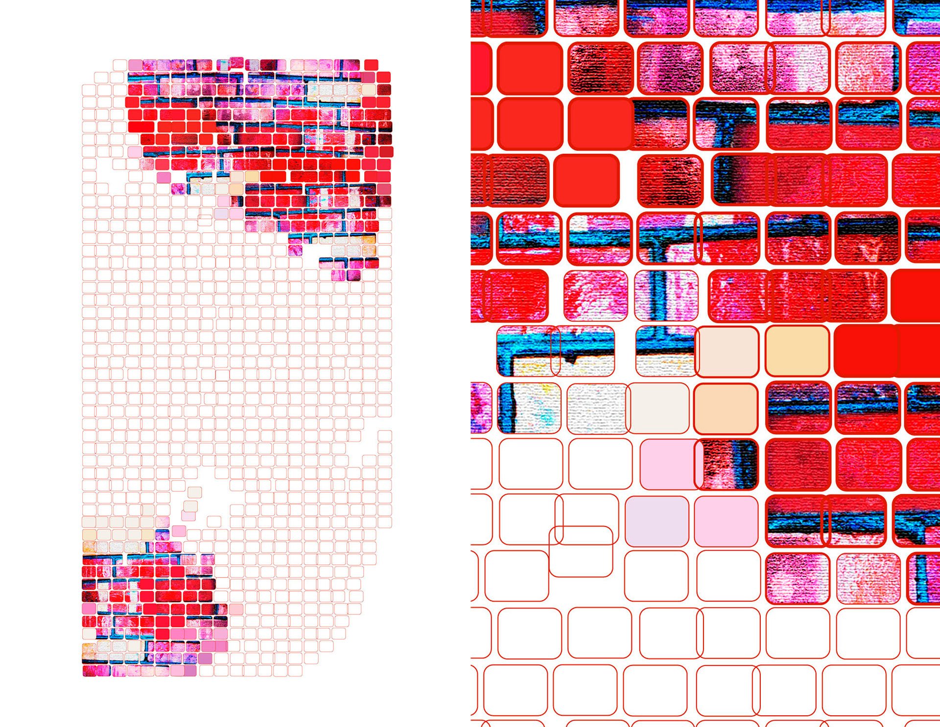 Acid Weave digital rug by KT Doyle in red, pink and blue, combining textile fragments with areas of colour and empty grid