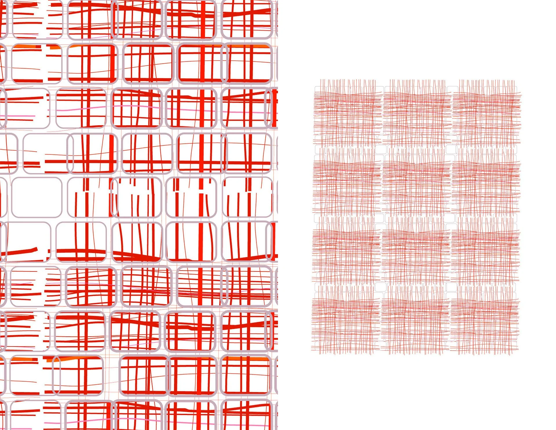 Acid Weave textile sample by KT Doyle, combining red linear marks and rounded geometric forms in a loose grid structure