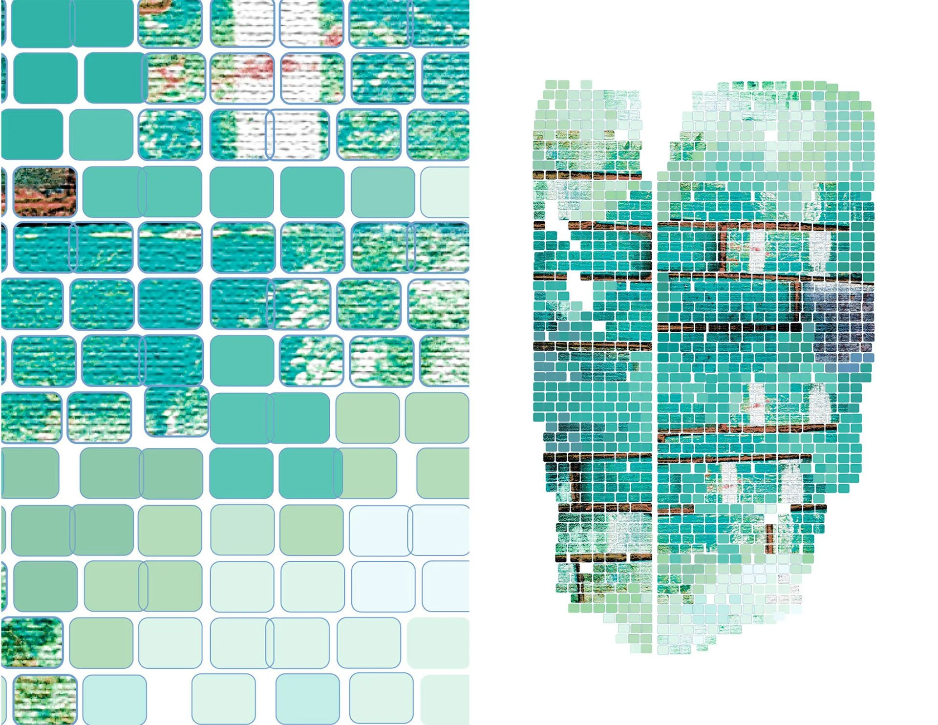 Acid Weave digital rug by KT Doyle in turquoise and pale green, constructed from repeated tiles of colour and woven textile imagery
