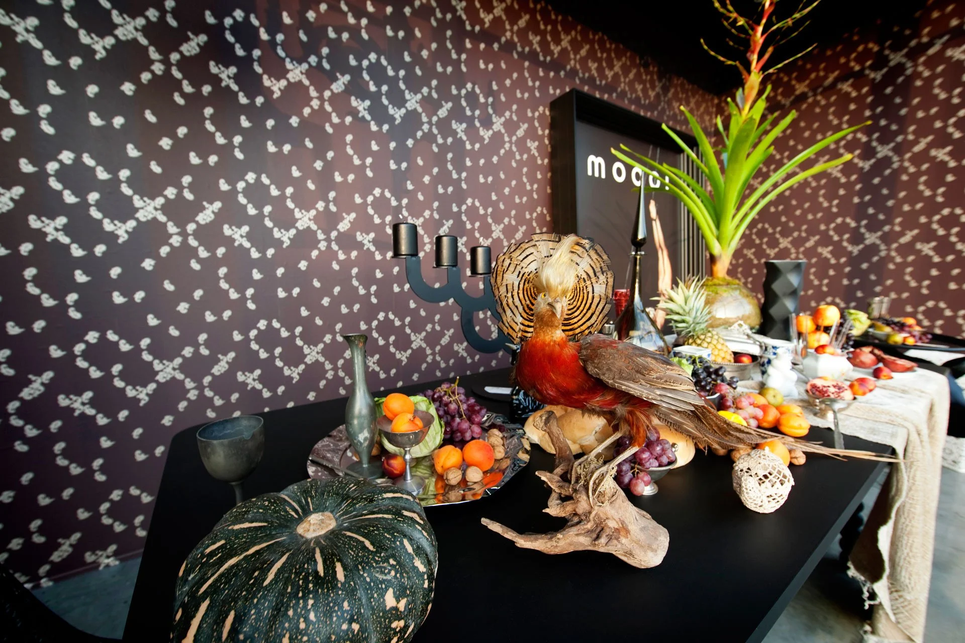 Falling Leaves wallpaper by KT Doyle installed at Space Furniture Brisbane as the backdrop to a theatrical still-life display