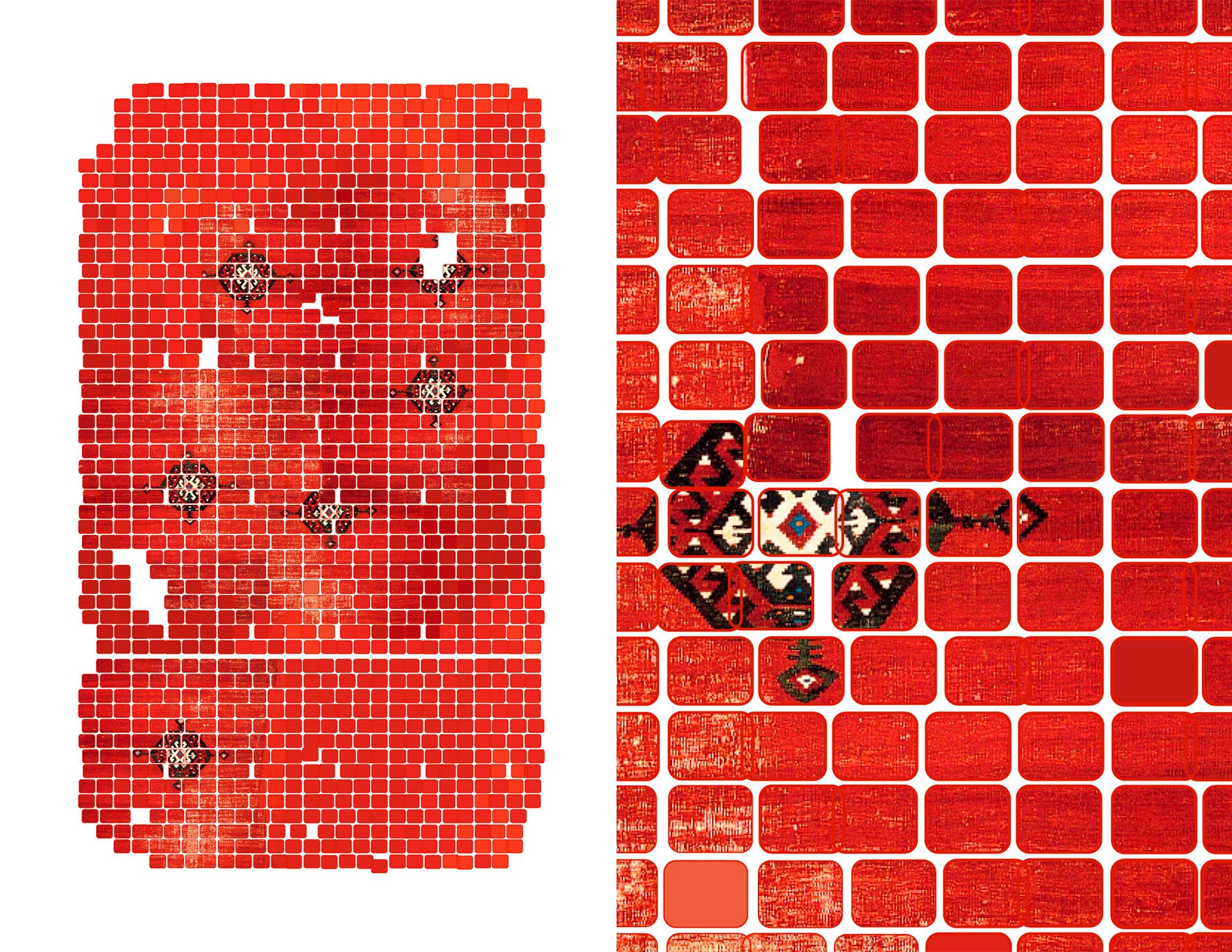 Acid Weave digital rug by KT Doyle in red, incorporating fragmented imagery from Central Asian woven textiles within a tiled geometric structure