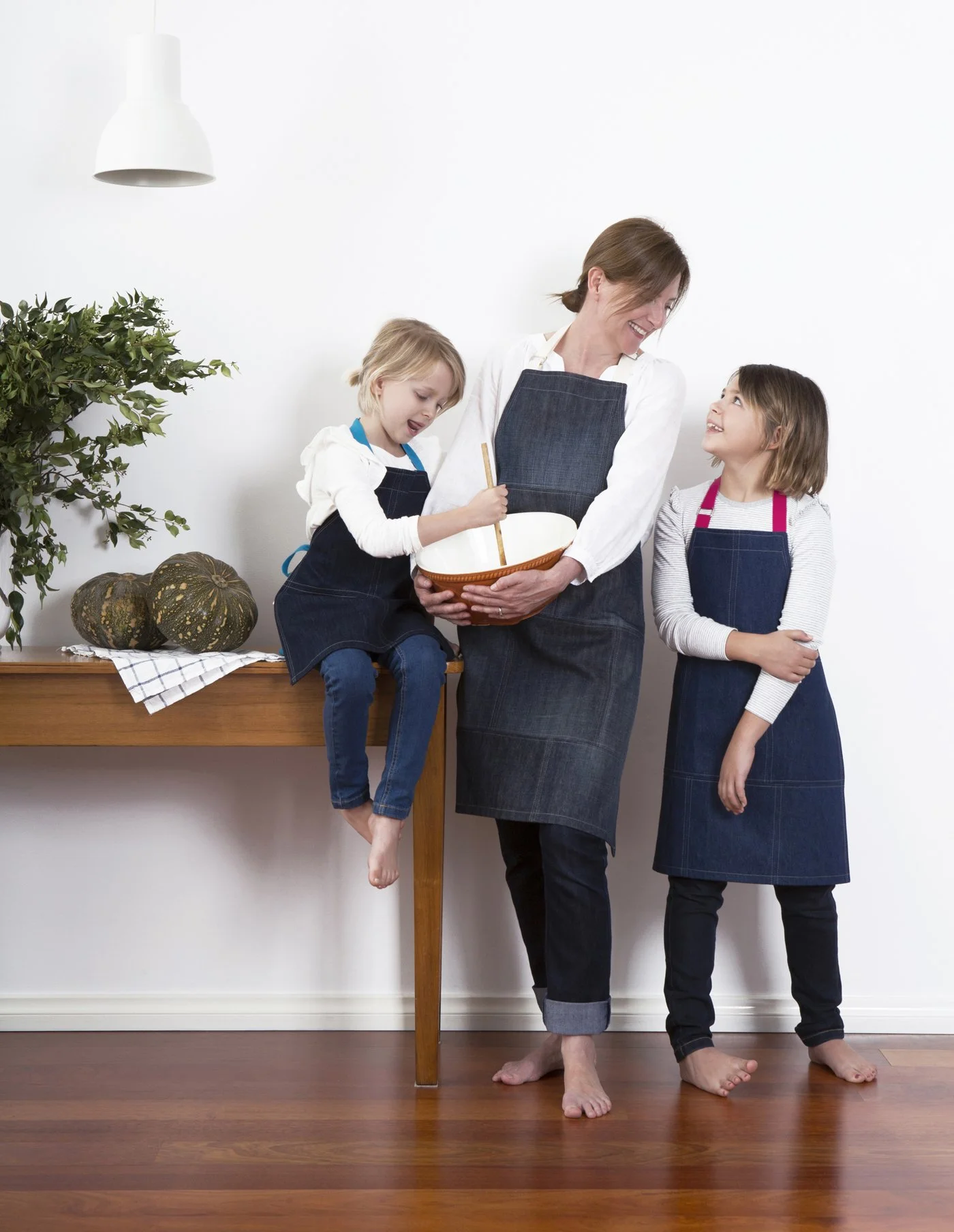 JEANBAG adults and children's apron set by KT Doyle, handmade from recycled denim jeans