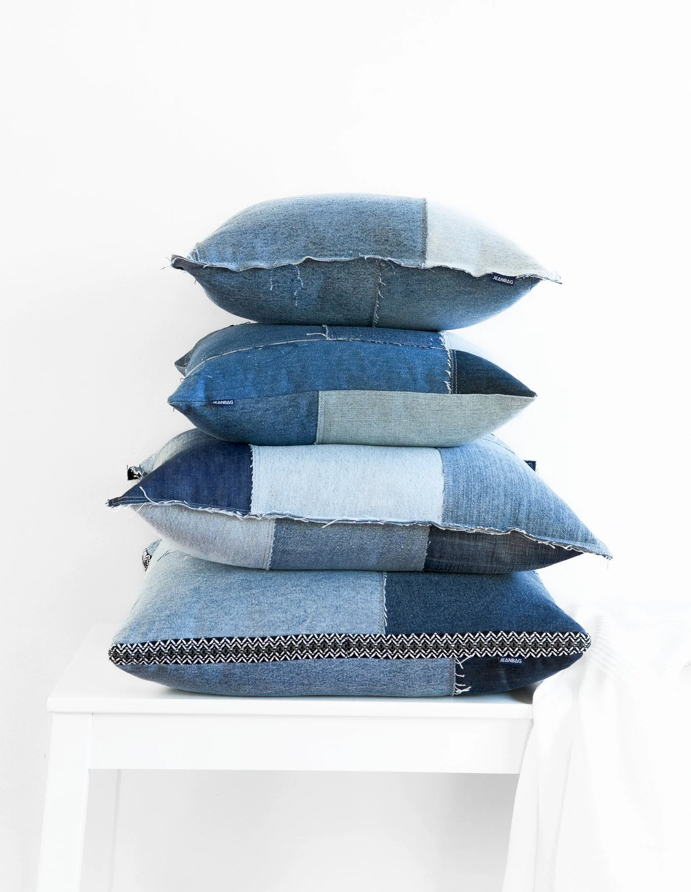 JEANBAG Boho cushions by KT Doyle, handmade from panels of recycled denim jeans